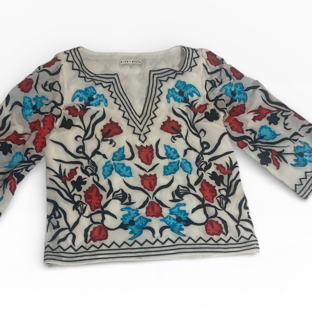 Alice + Olivia Embroidered Floral Ivory Top with Red & Teal Accents